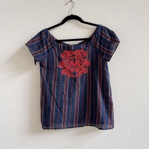 Anthropologie THML Embroidered Blouse Women XS Navy Blue Excellent Boho  Top